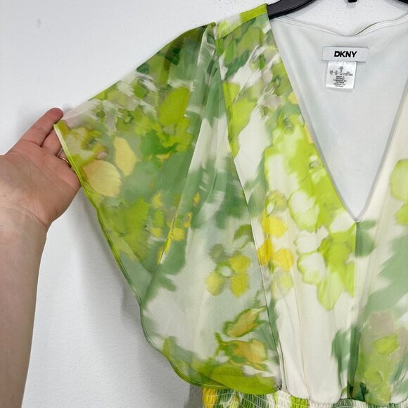 DKNY Women's Size 12 Green Yellow Floral Sheer Overlay V Neck Midi Dress Wedding - Picture 10 of 11